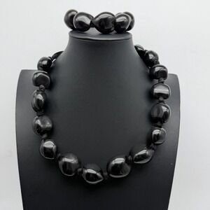 Vintage Hawaiian Black Kukui Nut Necklace & Stretch Bracelet Set (Tie-Ribbon)